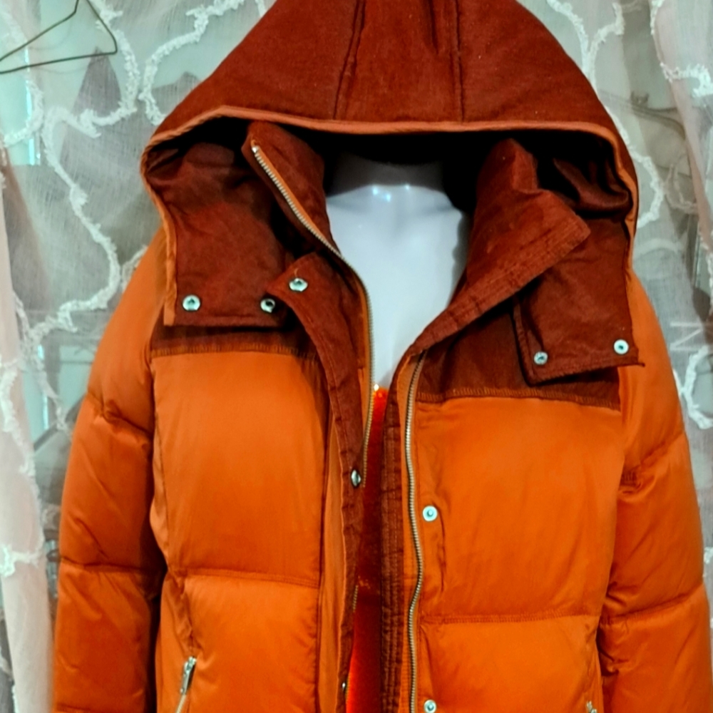 Long zip & snap button Removal Hooded Down Puffer Coat